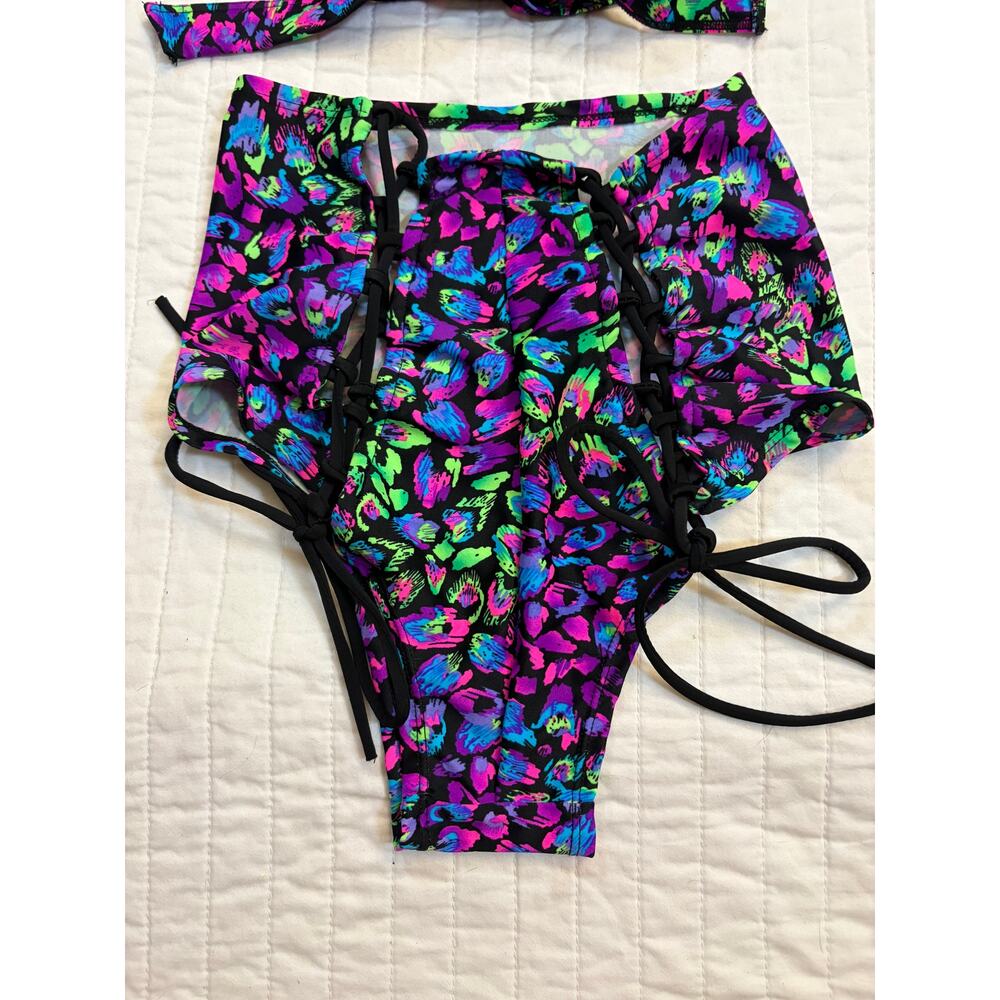 Rave Wonderland Neon Cheetah Wrap Bikini Set High Waisted Lace Up Rave Festival - Picture 4 of 7